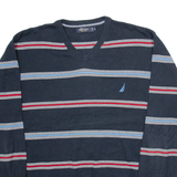 NAUTICA Mens Jumper Blue Striped V-Neck Tight Knit XL
