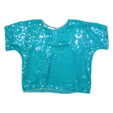 HONEY LEE Womens Bardot Top Blue V-Neck Silk M