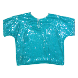 HONEY LEE Womens Bardot Top Blue V-Neck Silk M