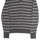 TOMMY HILFIGER Mens Patterned Jumper Grey Striped Button Neck Tight Knit M