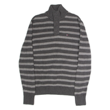 TOMMY HILFIGER Mens Patterned Jumper Grey Striped Button Neck Tight Knit M