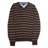 TOMMY HILFIGER Mens Patterned Jumper Brown Striped V-Neck Tight Knit M