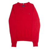 TOMMY HILFIGER Mens Jumper Red V-Neck Tight Knit M