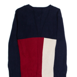 TOMMY HILFIGER Mens Patterned Jumper Blue Colourblock Crew Neck Tight Knit XS