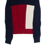 TOMMY HILFIGER Mens Patterned Jumper Blue Colourblock Crew Neck Tight Knit XS