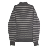 TOMMY HILFIGER Mens Jumper Grey Striped Button Neck Tight Knit XL