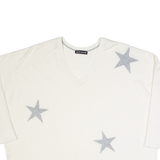 DKNY Star Design Womens Patterned Jumper Beige V-Neck Tight Knit 2XL