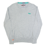 SUPERDRY Womens Jumper Grey V-Neck Tight Knit 2XL