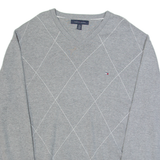 TOMMY HILFIGER Mens Patterned Jumper Grey Diamond V-Neck Tight Knit XL