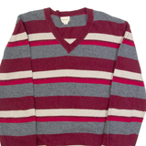 DIESEL Mens Patterned Jumper Maroon Striped V-Neck Tight Knit Wool XL