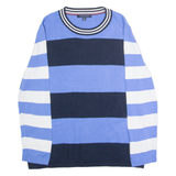 TOMMY HILFIGER Mens Patterned Jumper Blue Striped Crew Neck Tight Knit XL