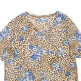 Sheer Floral Womens Printed Top Brown V-Neck Animal Print L