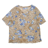 Sheer Floral Womens Printed Top Brown V-Neck Animal Print L