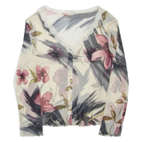 Sheer Womens Printed Top Cream V-Neck Long Sleeve Floral L