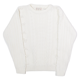 BRITISH COLONY Womens Jumper White Crew Neck 80s Cable Knit L