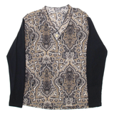 Womens Printed Blouse Brown V-Neck Long Sleeve Crazy Pattern M
