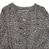 ZARA Womens Printed Blouse Brown V-Neck Puff Sleeve Animal Print M