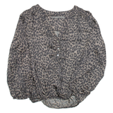 ZARA Womens Printed Blouse Brown V-Neck Puff Sleeve Animal Print M