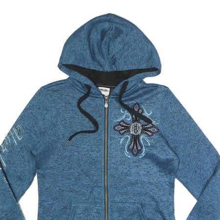 HARLEY DAVIDSON Womens Blue Zip Up Hoodie Jacket M Polyester Cross Graphic