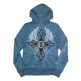 HARLEY DAVIDSON Womens Blue Zip Up Hoodie Jacket M Polyester Cross Graphic