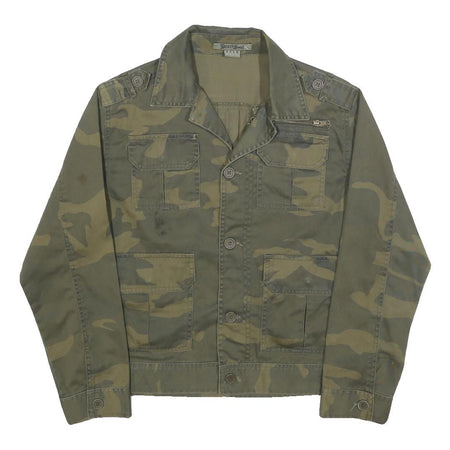 BRAVE SOUL Mens Green & Beige Cotton Military Jacket M Casual Button Closure