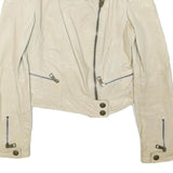 BURBERRY BRIT Womens White Leather Biker Jacket UK 4 Plain Zip Moto Style