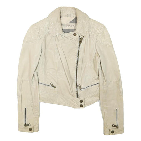 BURBERRY BRIT Womens White Leather Biker Jacket UK 4 Plain Zip Moto Style