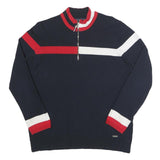 TOMMY HILFIGER Womens Navy Blue & Red Colourblock Zip Neck Cable Knit L Jumper