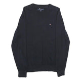 TOMMY HILFIGER Mens Black Plain Cotton Jumper Crew Neck Basic Knit M Casual