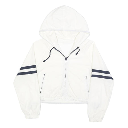Womens White & Black Striped Hooded Zip Jacket M Polyester Plain Casual