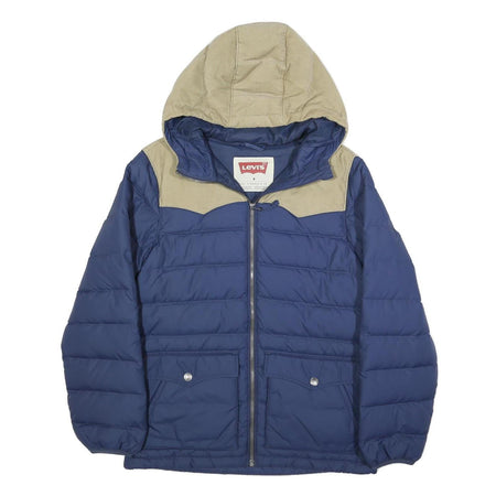 LEVI'S Mens Blue & Beige Puffer Jacket M Polyester Quilted Outdoor Zip Hooded