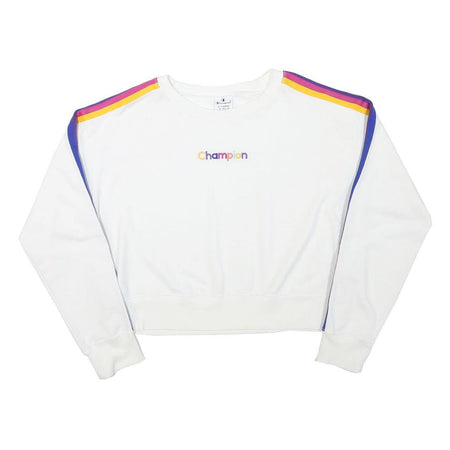 CHAMPION Girls White Purple & Yellow Stripe Crew Neck XL Sweatshirt Cotton Blend