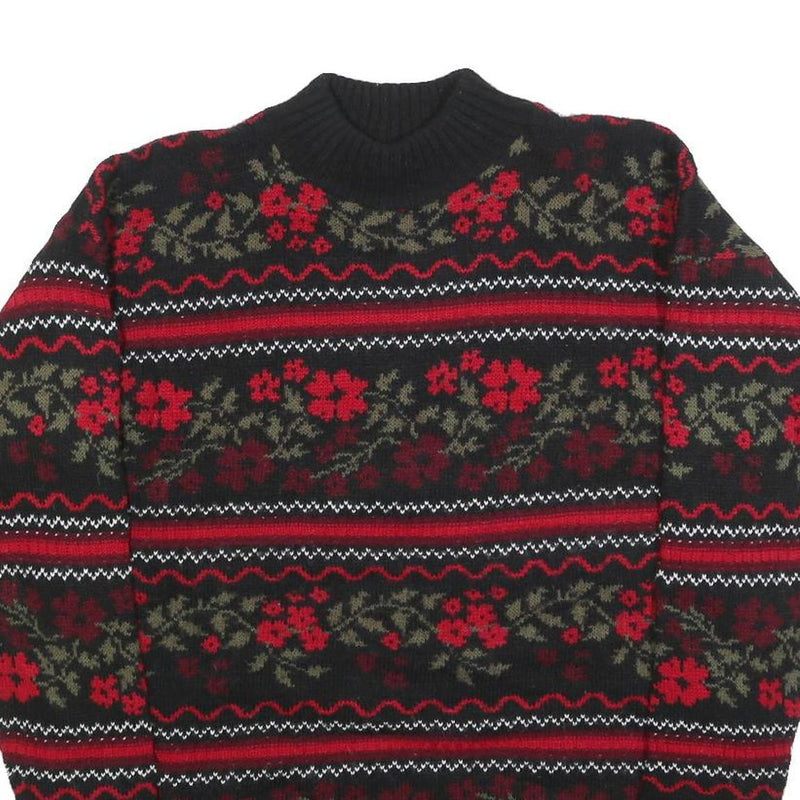 BASIC EDITIONS Womens Black & Red Floral Patterned Jumper Crew Neck Basic Knit