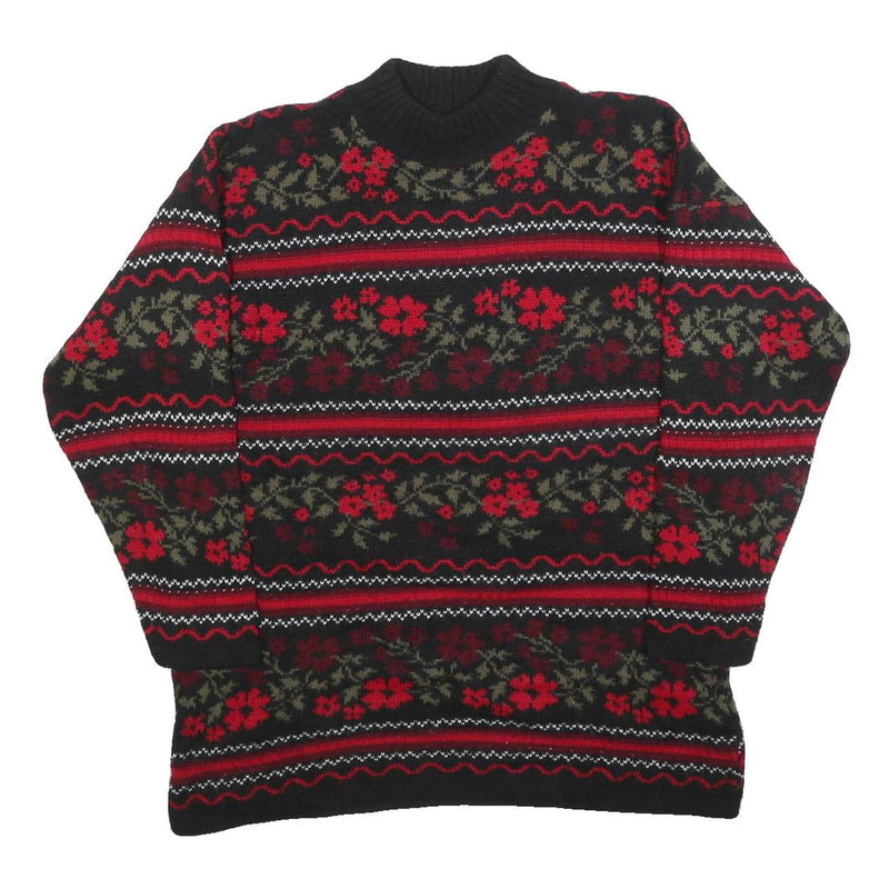 BASIC EDITIONS Womens Black & Red Floral Patterned Jumper Crew Neck Basic Knit