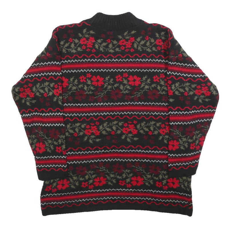 BASIC EDITIONS Womens Black & Red Floral Patterned Jumper Crew Neck Basic Knit