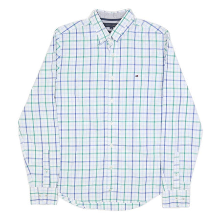 TOMMY HILFIGER Mens White Green & Blue Check Shirt M Classic Button Down Cotton