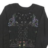 Womens Black Sweatshirt Embroidered Floral Crew Neck S Cotton Blend Stylish