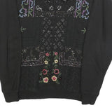 Womens Black Sweatshirt Embroidered Floral Crew Neck S Cotton Blend Stylish