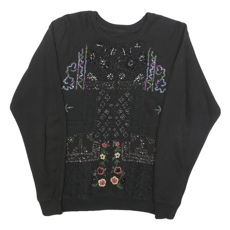 Womens Black Sweatshirt Embroidered Floral Crew Neck S Cotton Blend Stylish
