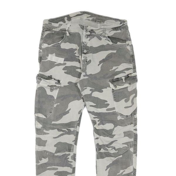 Womens Relaxed Grey & White Camo Button Trousers W30 L28 Casual Cargo Style