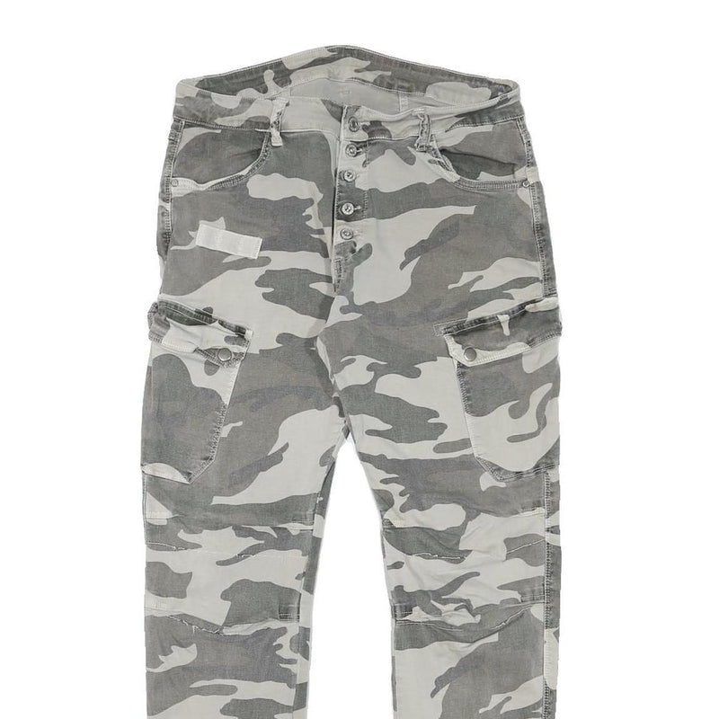 Womens Relaxed Grey & White Camo Button Trousers W30 L28 Casual Cargo Style