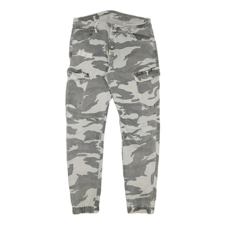 Womens Relaxed Grey & White Camo Button Trousers W30 L28 Casual Cargo Style