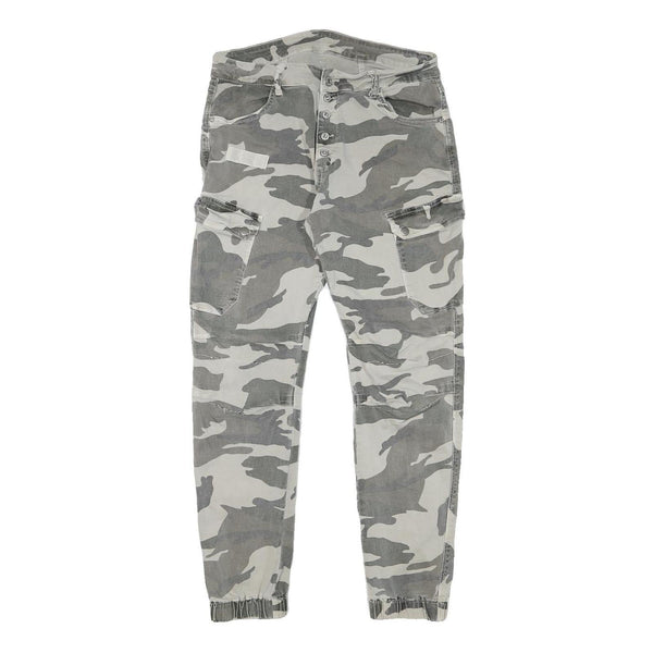 Womens Relaxed Grey & White Camo Button Trousers W30 L28 Casual Cargo Style