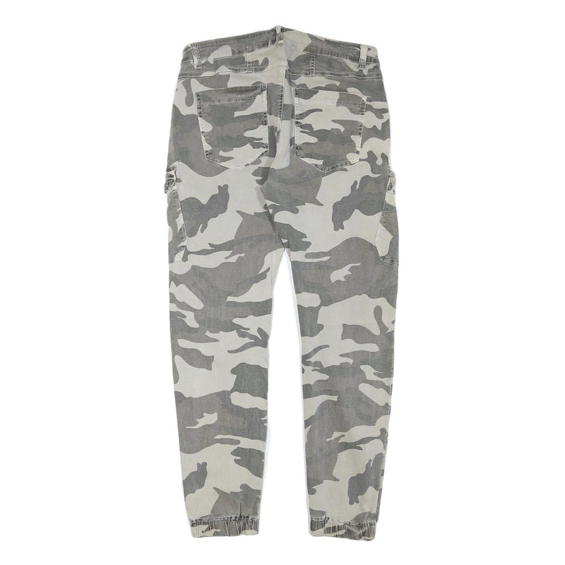 Womens Relaxed Grey & White Camo Button Trousers W30 L28 Casual Cargo Style