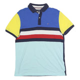 TOMMY HILFIGER Mens Blue & Yellow Colour Block Short Sleeve Polo Shirt M Cotton