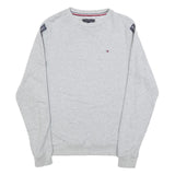 TOMMY HILFIGER Mens Grey Crew Neck Sweatshirt S Logo Tape Sleeves Cotton Blend