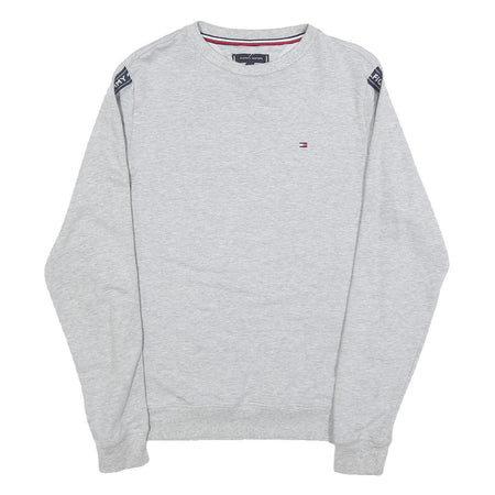 TOMMY HILFIGER Mens Grey Crew Neck Sweatshirt S Logo Tape Sleeves Cotton Blend