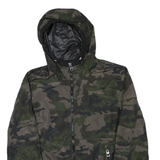 GUESS Mens Green Camouflage Hooded Jacket S Polyester Blend Lightweight Zip