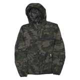 GUESS Mens Green Camouflage Hooded Jacket S Polyester Blend Lightweight Zip
