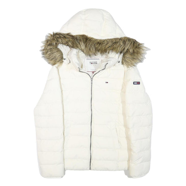 TOMMY HILFIGER Womens White Quilted Jacket M Polyester Blend Hooded Zip